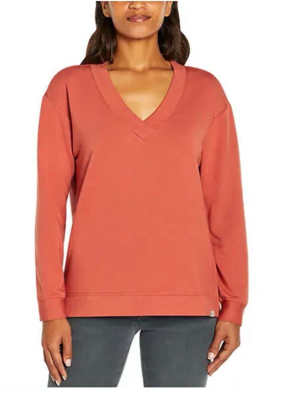 Orvis Women's V-Neck Long Sleeve Sweatshirt Burnt Orange Size L Fleece Lined